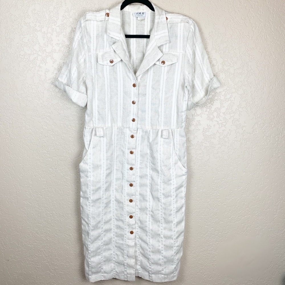 Vintage linen blend cream striped buttoned dress